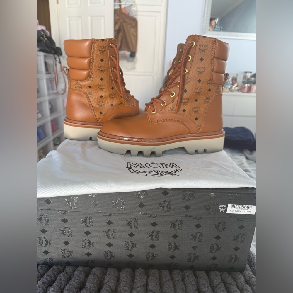 MCM Tan Leather Lace-Up Boots